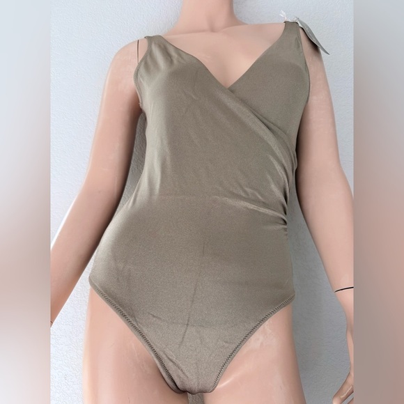 Pour Moi? Azure Tummy Control Swimsuit Shimmer Olive Green One Piece Wrap Front - Picture 2 of 14